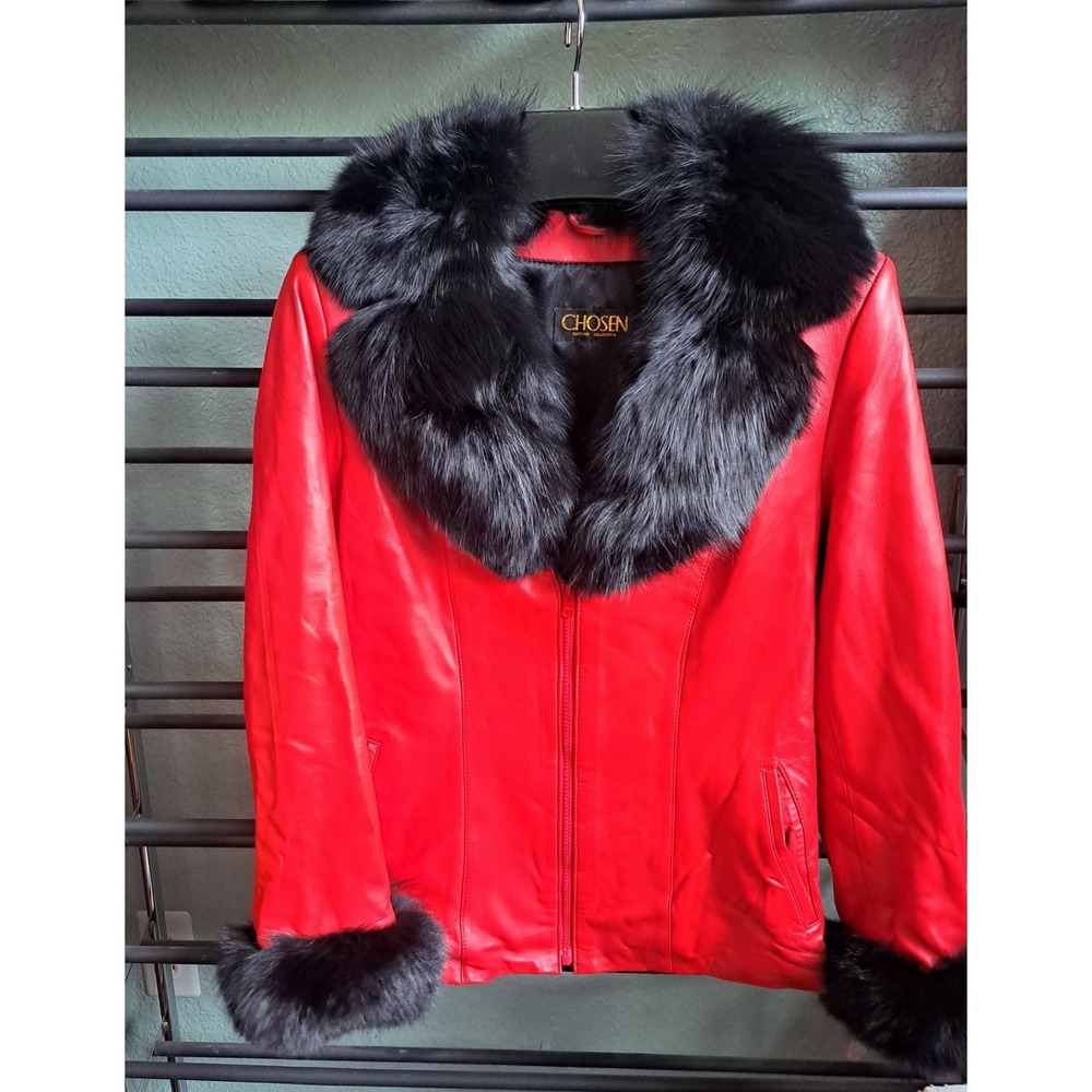 Y2K Vintage Chosen Couture Red Leather Jacket Black Fox Fur Collar‎ Mob Wife
